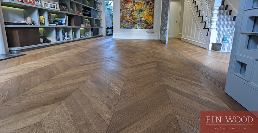 Oak chevron parquet expertly restored and refinished in exclusive Fulham Lion house, SW6 #CraftedForLife